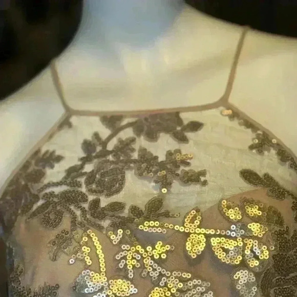 AMSALE Dress 14 Sequin Embellished Maxi Halter Neck Tulle A-Line Cocktail Beige - Picture 9 of 14